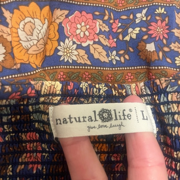 NATURAL LIFE Tricia Mini Dress Cotton Blue Yellow Rose Floral Boho Spring L- EUC - Picture 11 of 12